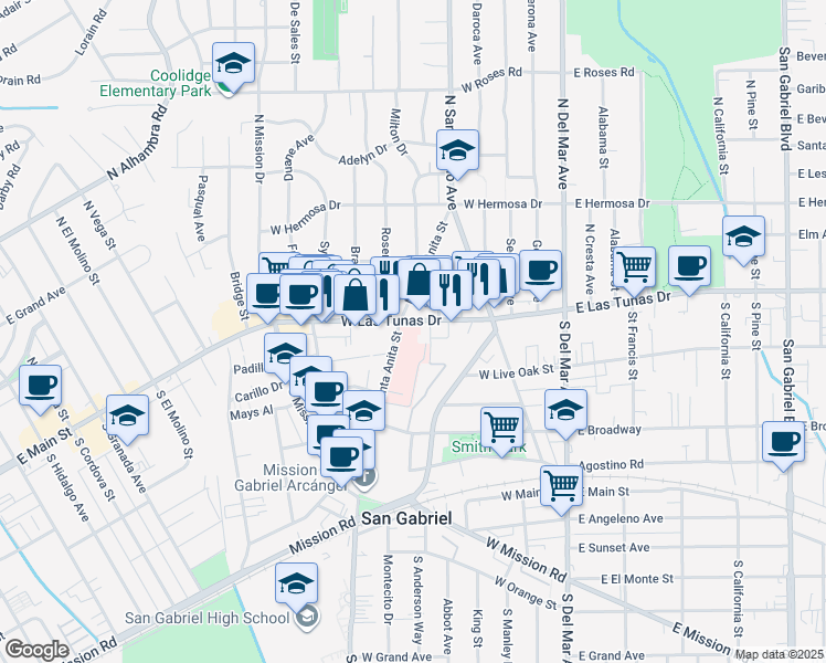 map of restaurants, bars, coffee shops, grocery stores, and more near 444 West Las Tunas Drive in San Gabriel
