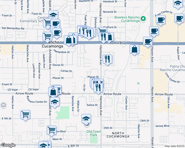 map of restaurants, bars, coffee shops, grocery stores, and more near 9910 Placer Street in Rancho Cucamonga