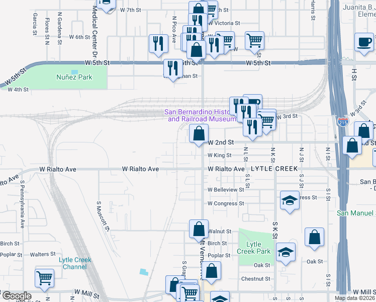 map of restaurants, bars, coffee shops, grocery stores, and more near 1341 West 2nd Street in San Bernardino