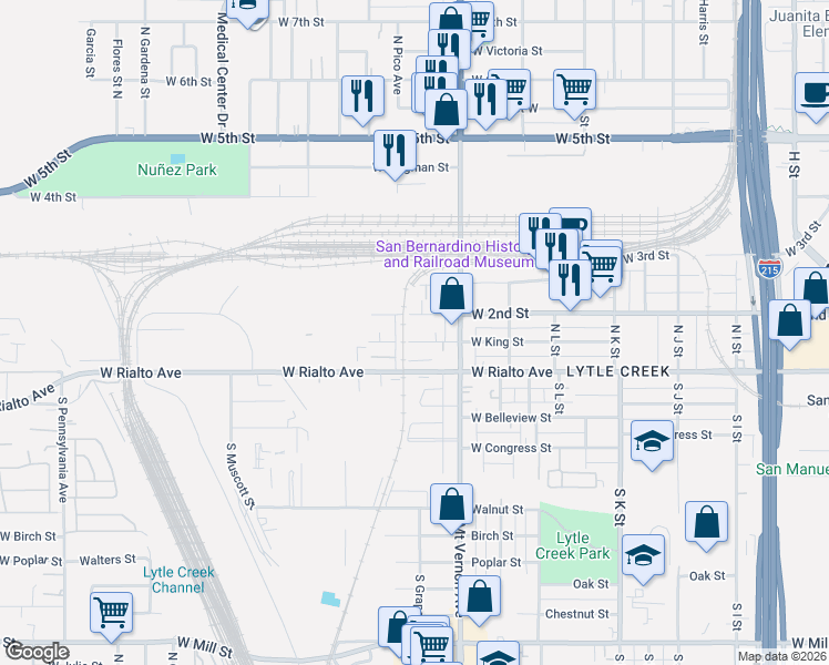 map of restaurants, bars, coffee shops, grocery stores, and more near 1341 West 2nd Street in San Bernardino
