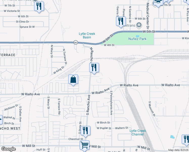 map of restaurants, bars, coffee shops, grocery stores, and more near 191 North Rancho Avenue in San Bernardino