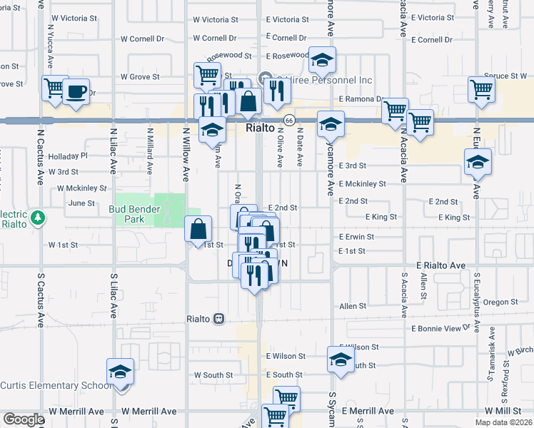 map of restaurants, bars, coffee shops, grocery stores, and more near 202 Riverside Avenue in Rialto