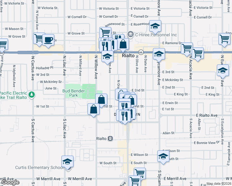 map of restaurants, bars, coffee shops, grocery stores, and more near 200 North Orange Avenue in Rialto
