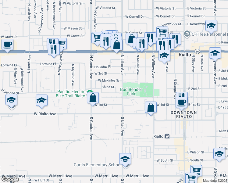 map of restaurants, bars, coffee shops, grocery stores, and more near 589 June Street in Rialto