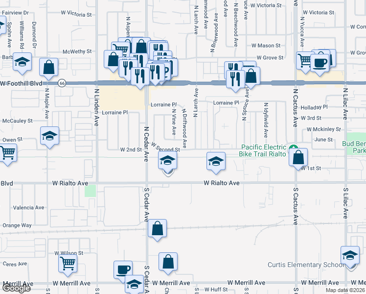 map of restaurants, bars, coffee shops, grocery stores, and more near 221 North Driftwood Avenue in Rialto