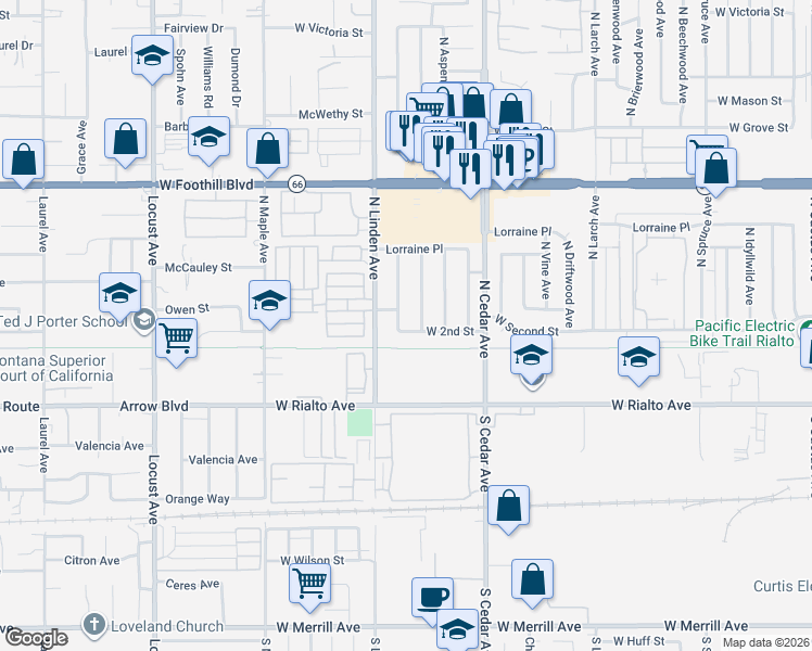 map of restaurants, bars, coffee shops, grocery stores, and more near 295 North Smoke Tree Avenue in Rialto