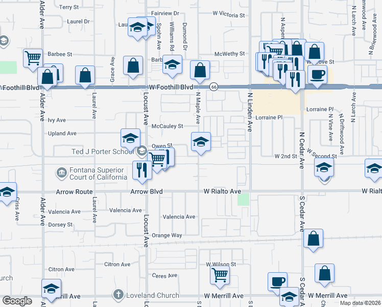 map of restaurants, bars, coffee shops, grocery stores, and more near 18245 Owen Street in Fontana