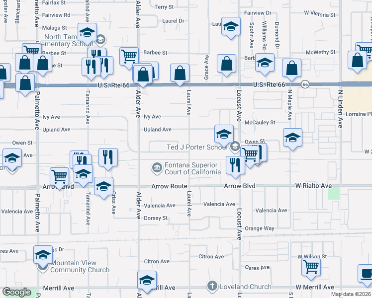 map of restaurants, bars, coffee shops, grocery stores, and more near 8326 Laurel Avenue in Fontana