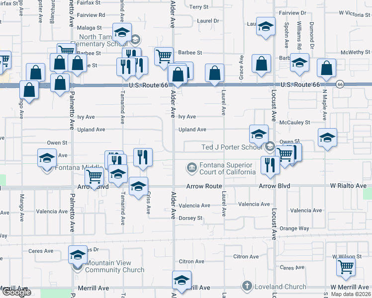 map of restaurants, bars, coffee shops, grocery stores, and more near 17763 Owen Street in Fontana