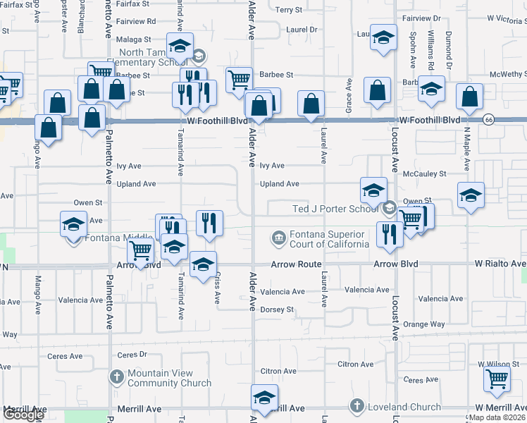 map of restaurants, bars, coffee shops, grocery stores, and more near 17763 Owen Street in Fontana