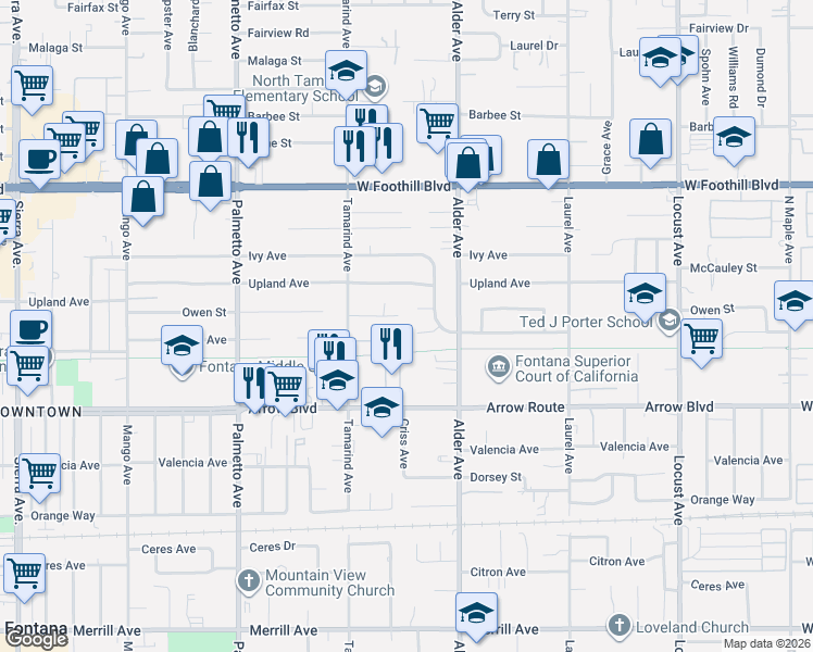 map of restaurants, bars, coffee shops, grocery stores, and more near 17625 Owen Court in Fontana