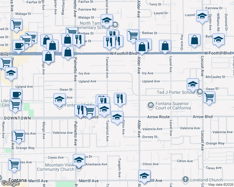 map of restaurants, bars, coffee shops, grocery stores, and more near 17575 Owen Street in Fontana