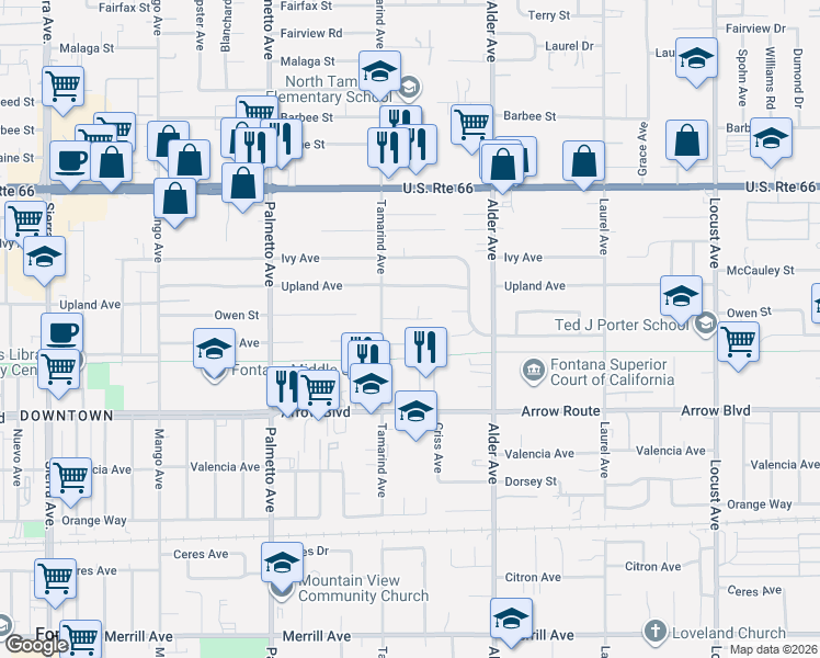 map of restaurants, bars, coffee shops, grocery stores, and more near 17575 Owen Street in Fontana