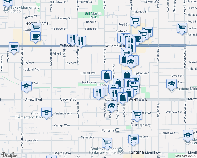 map of restaurants, bars, coffee shops, grocery stores, and more near 16655 Upland Avenue in Fontana