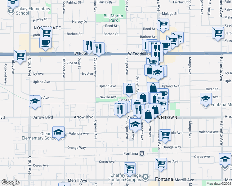 map of restaurants, bars, coffee shops, grocery stores, and more near 16655 Upland Avenue in Fontana