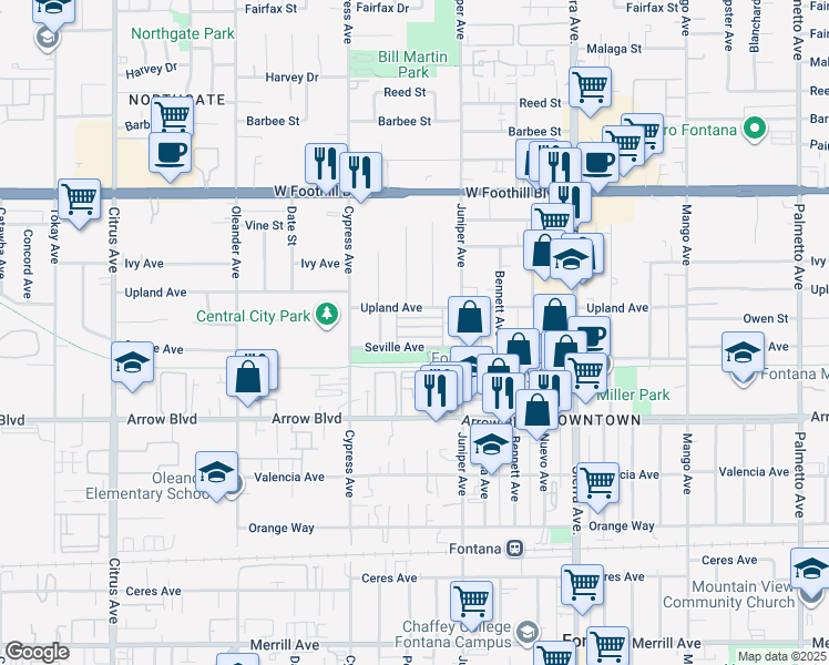 map of restaurants, bars, coffee shops, grocery stores, and more near 16590 Terrace Lane in Fontana