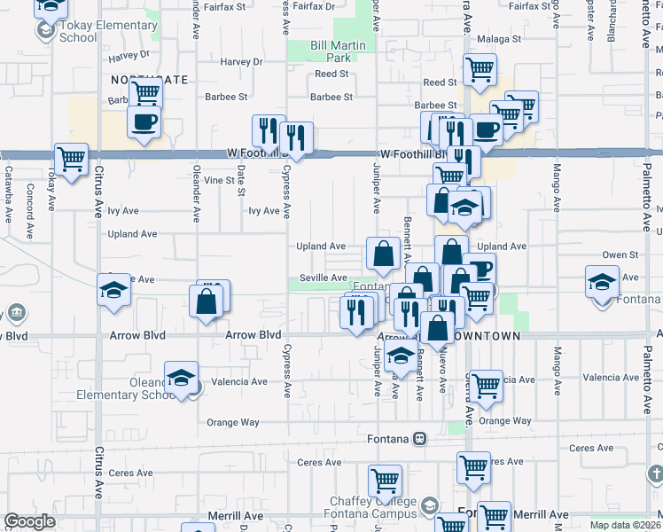map of restaurants, bars, coffee shops, grocery stores, and more near 16590 Terrace Lane in Fontana