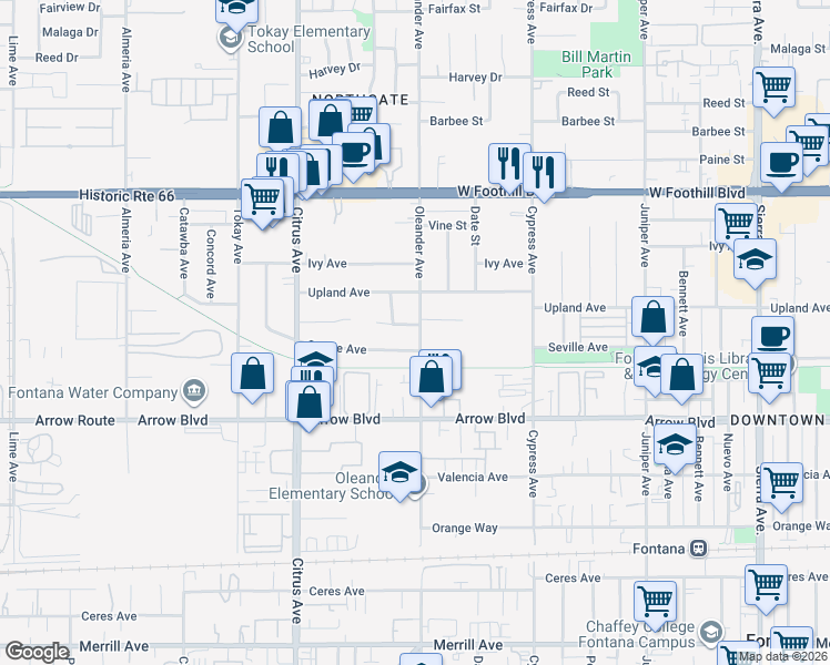 map of restaurants, bars, coffee shops, grocery stores, and more near 16317 Owen Street in Fontana