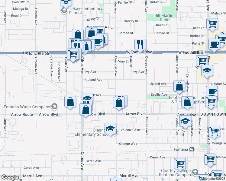 map of restaurants, bars, coffee shops, grocery stores, and more near 16260 Owen Street in Fontana