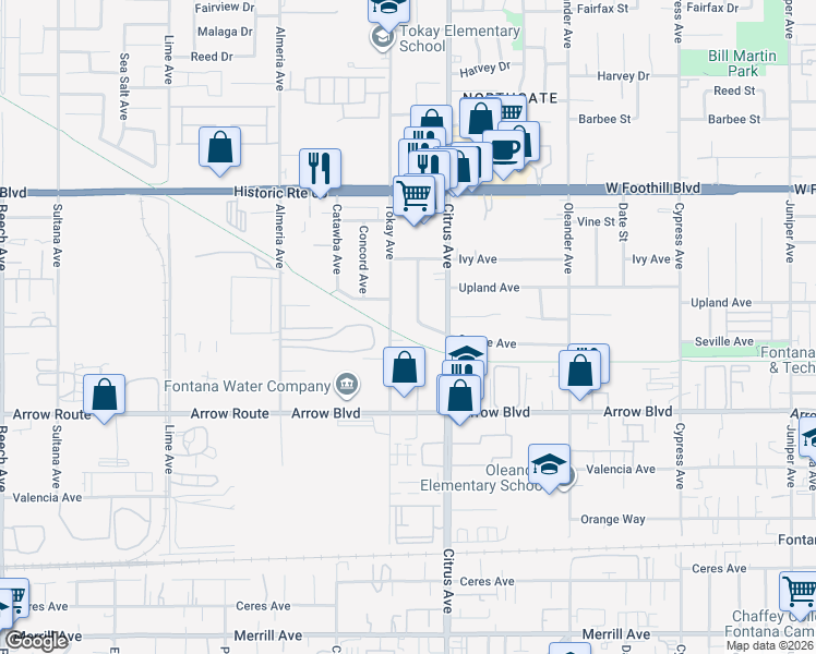 map of restaurants, bars, coffee shops, grocery stores, and more near 8325 Cherimoya Avenue in Fontana