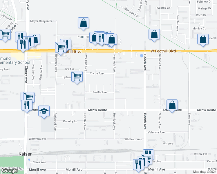 map of restaurants, bars, coffee shops, grocery stores, and more near 8337 Durra Lane in Fontana