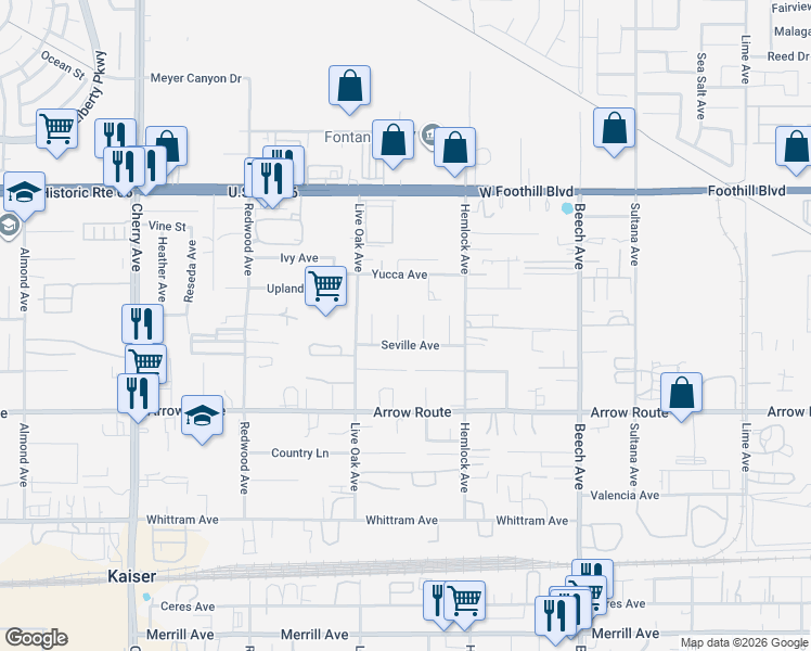 map of restaurants, bars, coffee shops, grocery stores, and more near 8338 Maize Court in Fontana