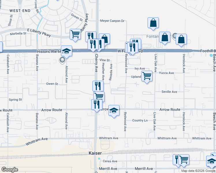 map of restaurants, bars, coffee shops, grocery stores, and more near 8315 Heather Avenue in Fontana