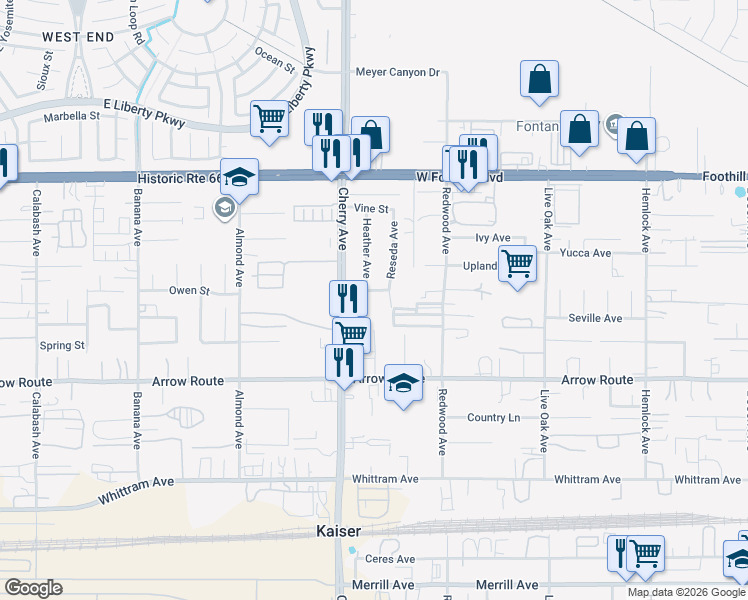 map of restaurants, bars, coffee shops, grocery stores, and more near 8315 Heather Avenue in Fontana