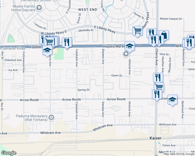 map of restaurants, bars, coffee shops, grocery stores, and more near 14088 Clover Court in Fontana