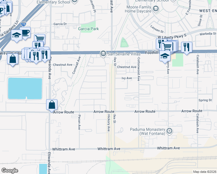 map of restaurants, bars, coffee shops, grocery stores, and more near 8340 Ilex Street in Fontana