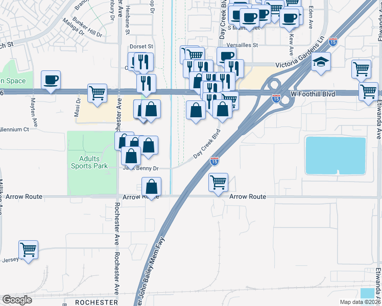 map of restaurants, bars, coffee shops, grocery stores, and more near 8338 Day Creek Blvd in Rancho Cucamonga