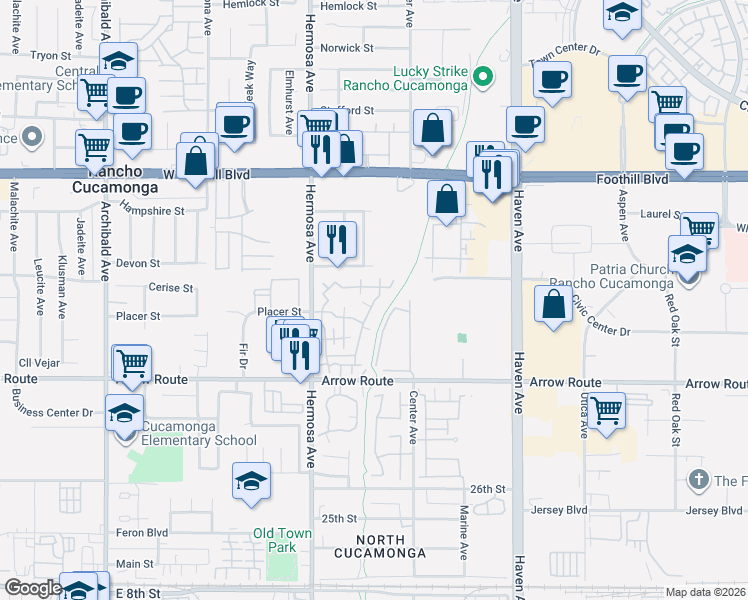 map of restaurants, bars, coffee shops, grocery stores, and more near 10225 Chaparral Way in Rancho Cucamonga