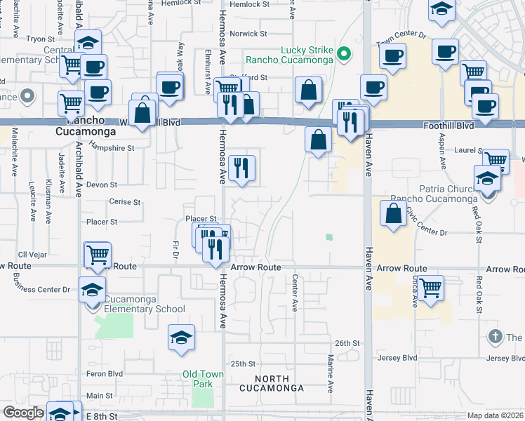 map of restaurants, bars, coffee shops, grocery stores, and more near 10225 Chaparral Way in Rancho Cucamonga