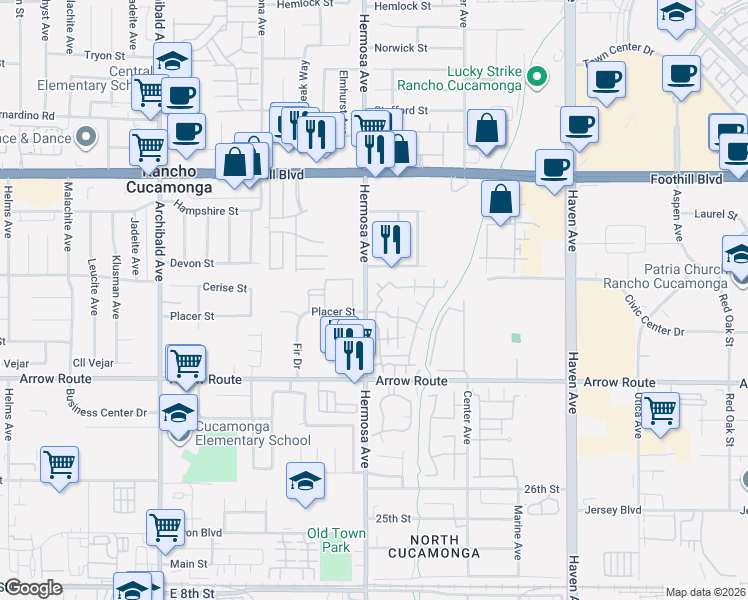 map of restaurants, bars, coffee shops, grocery stores, and more near 8322 Hermosa Avenue in Rancho Cucamonga