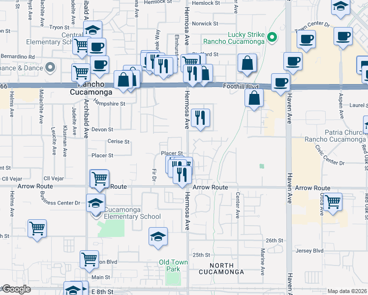 map of restaurants, bars, coffee shops, grocery stores, and more near 8322 Hermosa Avenue in Rancho Cucamonga