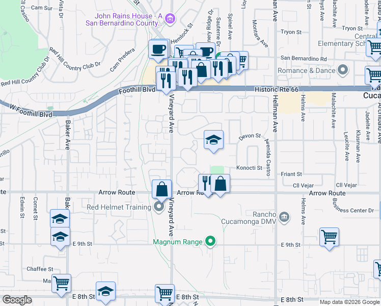 map of restaurants, bars, coffee shops, grocery stores, and more near 8317 Vineyard Avenue in Rancho Cucamonga