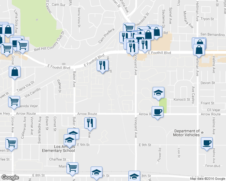 map of restaurants, bars, coffee shops, grocery stores, and more near 8726 Woodward Court in Rancho Cucamonga