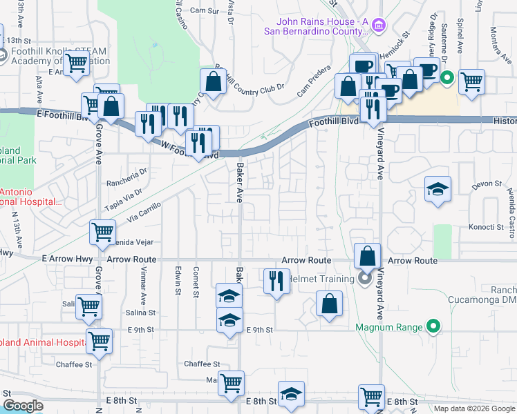 map of restaurants, bars, coffee shops, grocery stores, and more near 8389 Baker Avenue in Rancho Cucamonga