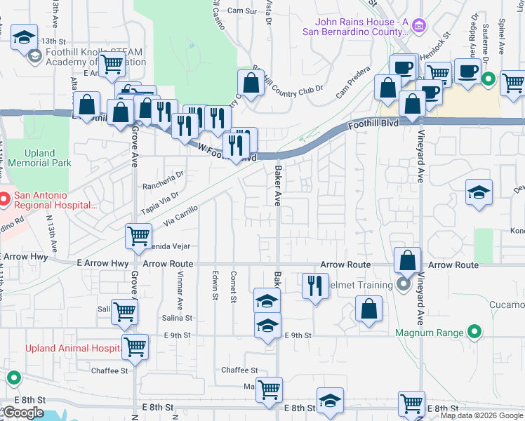 map of restaurants, bars, coffee shops, grocery stores, and more near 8339D Gabriel Drive in Rancho Cucamonga