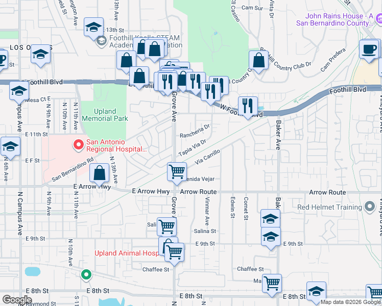 map of restaurants, bars, coffee shops, grocery stores, and more near 8162 Tapia Via Drive in Rancho Cucamonga