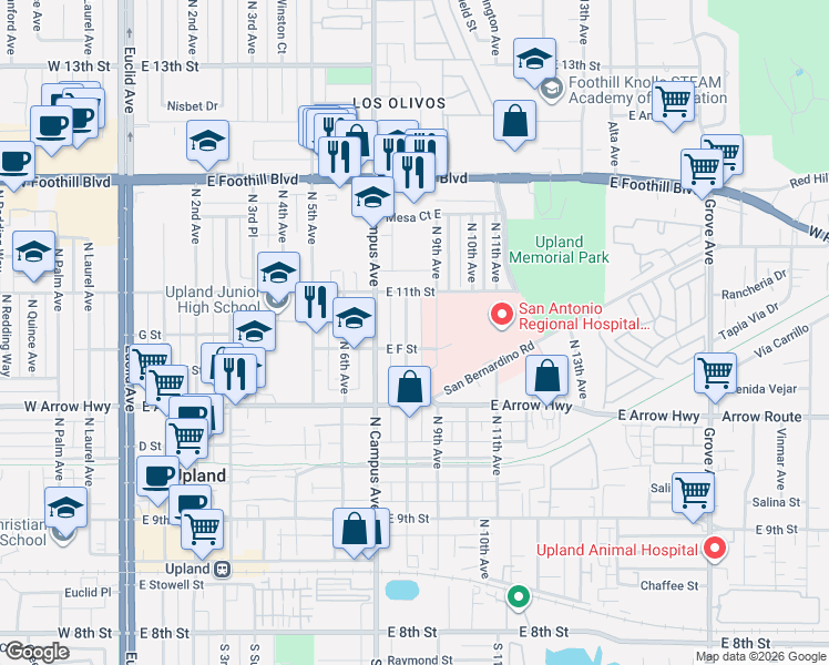 map of restaurants, bars, coffee shops, grocery stores, and more near 691 North 8th Avenue in Upland