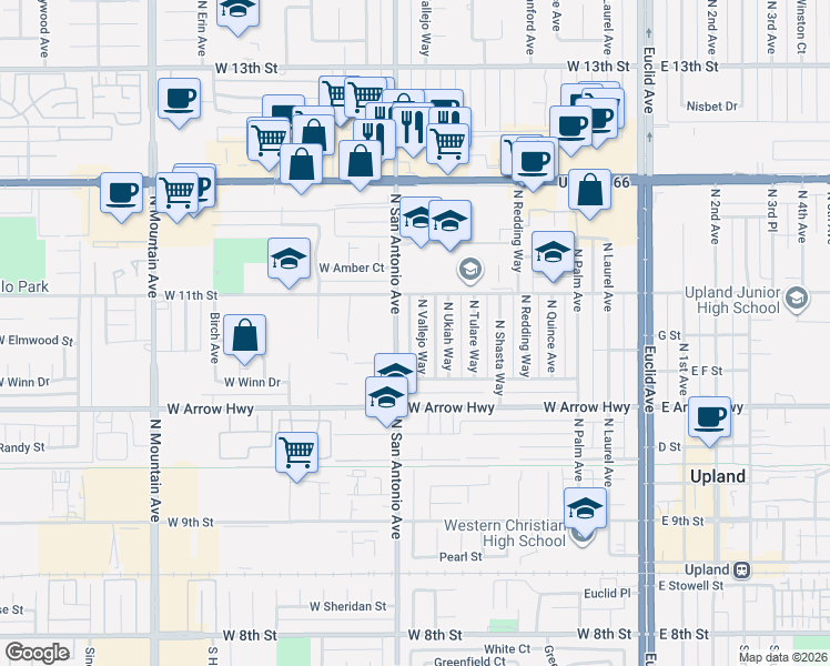 map of restaurants, bars, coffee shops, grocery stores, and more near 705 North Vallejo Way in Upland