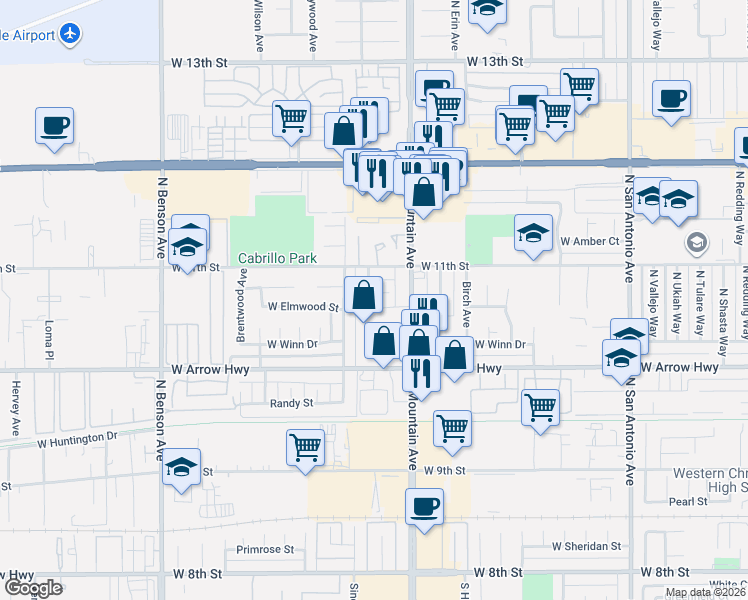 map of restaurants, bars, coffee shops, grocery stores, and more near 1257 Woodbury Court in Upland