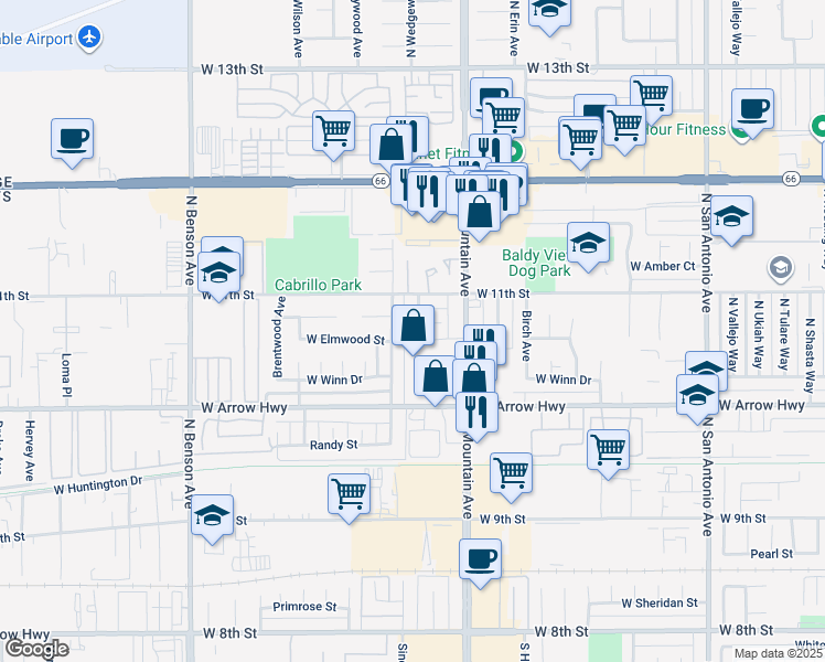 map of restaurants, bars, coffee shops, grocery stores, and more near 1257 Woodbury Court in Upland
