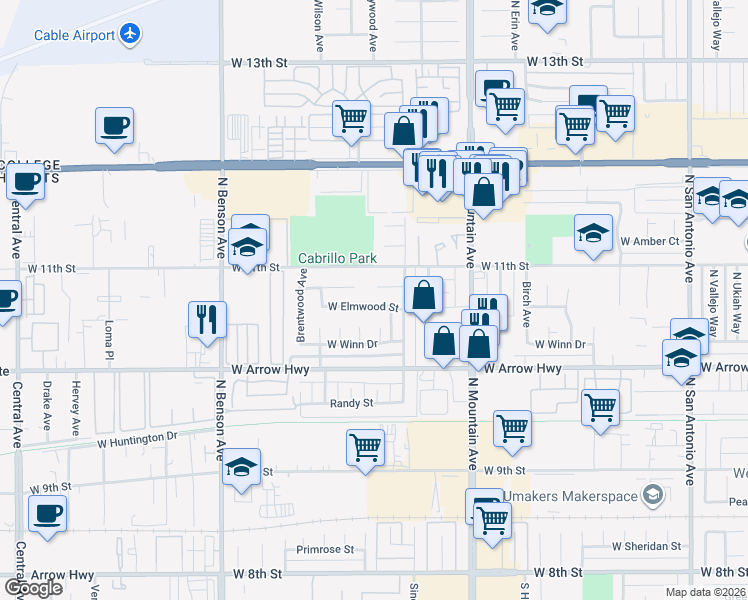 map of restaurants, bars, coffee shops, grocery stores, and more near 1383 Norwood Court in Upland