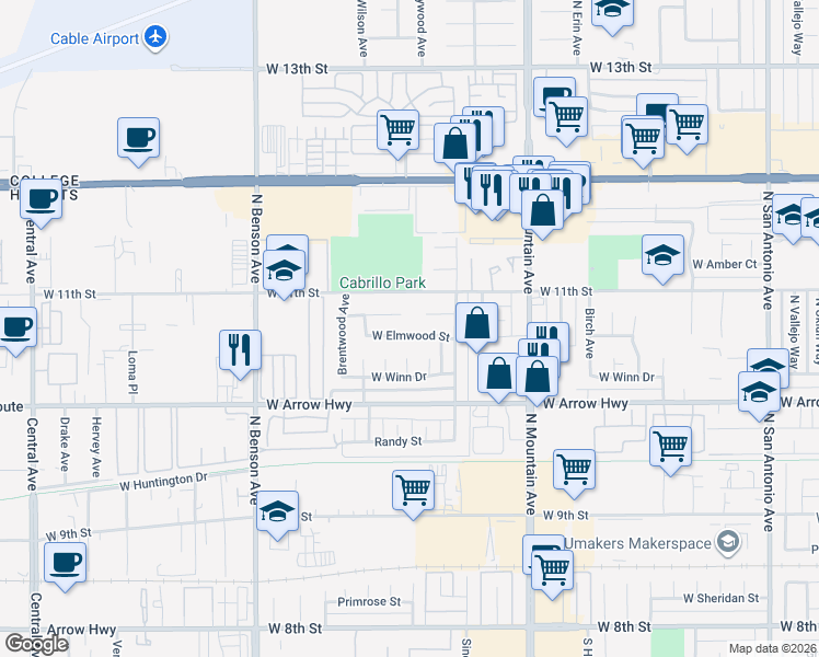 map of restaurants, bars, coffee shops, grocery stores, and more near 1383 Norwood Court in Upland