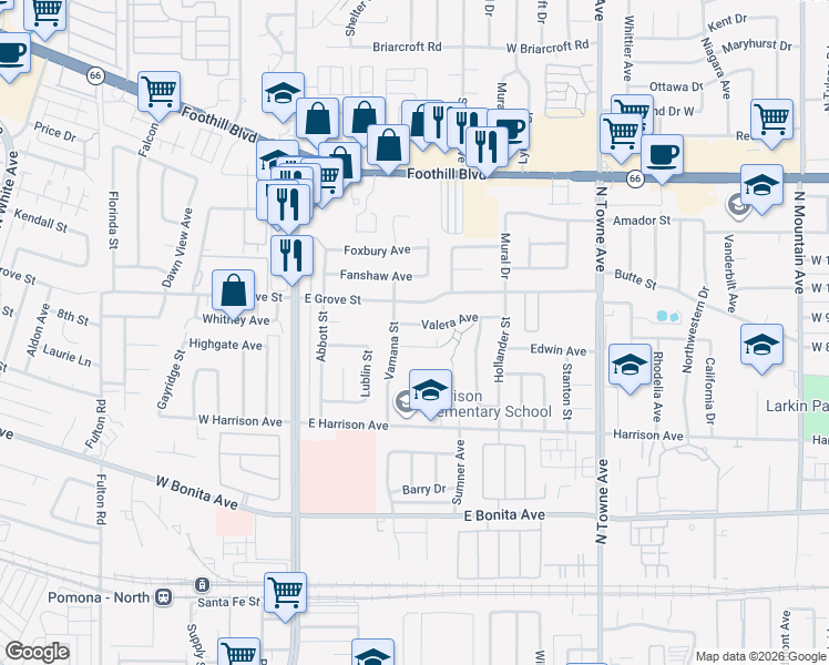 map of restaurants, bars, coffee shops, grocery stores, and more near 345 Valera Avenue in Pomona