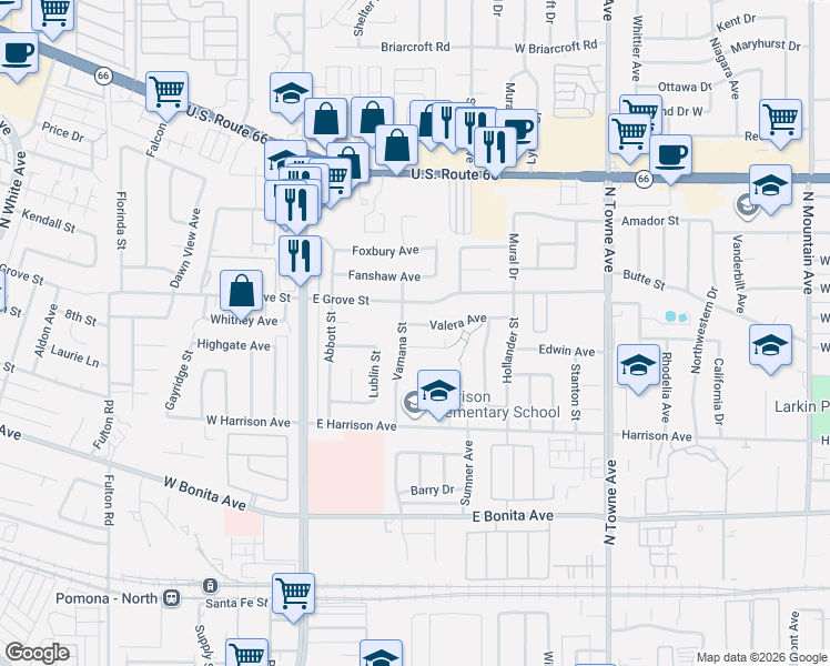 map of restaurants, bars, coffee shops, grocery stores, and more near 345 Valera Avenue in Pomona