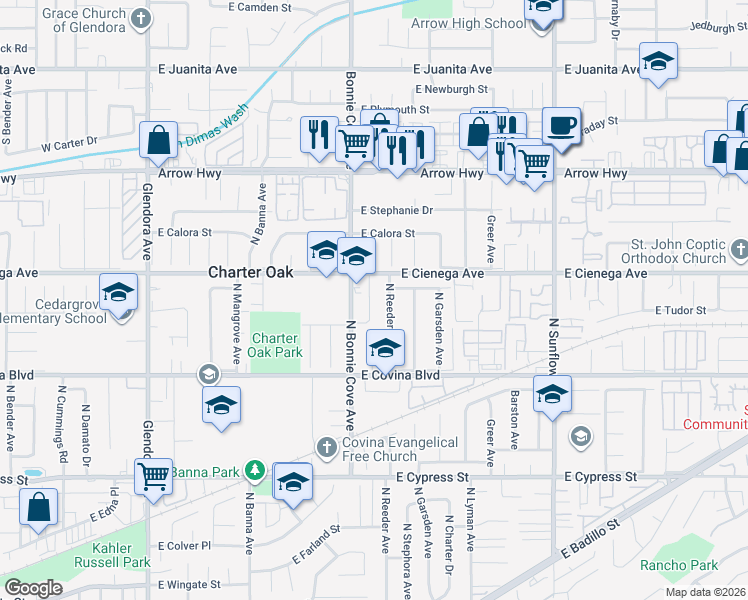 map of restaurants, bars, coffee shops, grocery stores, and more near 1261 North Reeder Avenue in Covina