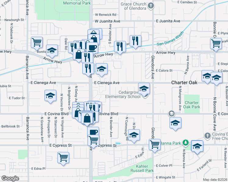 map of restaurants, bars, coffee shops, grocery stores, and more near 4935 North Bender Avenue in Covina